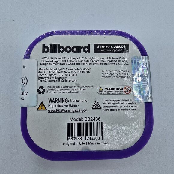 Billboard Stereo Earbuds with In-Line Mic Storage Case Black And Purple - Picture 4 of 4